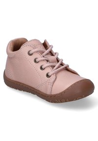 Light pink leather shoes with rounded toe, textured upper, brown rubber sole, and classic lace-up design. Features metal eyelets and subtle branding.