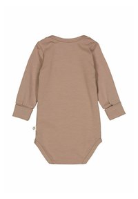 Body per neonati con maniche lunghe in morbido tessuto beige, dotato di scollatura rotonda e polsini aderenti. Chiusura a scatto sul fondo per un facile cambio.