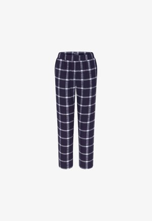 Marineblauwe broek met een groot controlepatroon in het wit en grijs, elastische tailleband, rechte pasvorm, gepresenteerd tegen een witte achtergrond.