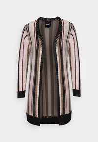 Long cardigan en maille à ouverture devant avec des rayures verticales roses, noires et beiges, avec poignets et ourlet noirs.