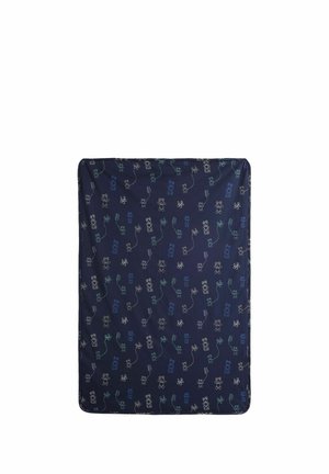 Navy blue rectangular mattress with a pattern of small, light-colored teddy bears and flowers evenly spaced across the surface.
