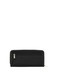 Portefeuille noir à fermeture éclair, fabriqué en matériau synthétique texturé, avec une poche zippée à l'avant et des accents matériels minimalistes.
