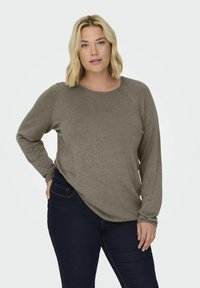 Chemise taupe à manches longues avec un col rond et des manches raglan, assortie à un jean bleu foncé. Texture douce, coupe décontractée, design minimal.