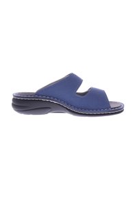 Blue slip-on sandals made of smooth material with two open cutouts, stitched detailing, and a cushioned, textured black sole.