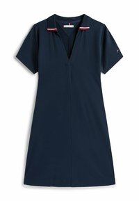 Vestido de color navy de manga corta con escote en V y cuello que presenta acentos a rayas rojas y blancas. Confeccionado con una tela suave y texturizada.