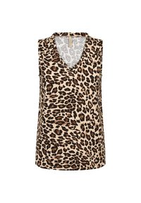 Top sin mangas de estampado de leopardo con escote en V, hecho de una tela suave, que presenta manchas marrones y negras sobre un fondo beige.