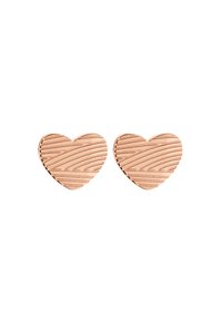 Orecchini a forma di cuore realizzati in materiale rosa chiaro, con una superficie testurizzata che presenta motivi di linee orizzontali e ondulate, bordi lisci.