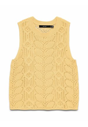 Bezroku dzeltena adīta veste ar lapu un ziedu mežģīņu rakstu un apaļu kakla izgriezumu, ar Vero Moda birku.