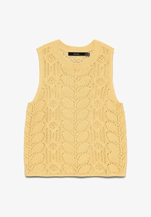 Gilet sans manches jaune pâle en maille avec motif de dentelle feuilles et fleurs et encolure ronde, étiquette Vero Moda.