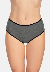 Mutande in cotone grigio a vita alta con una trama liscia e bordi in elasticizzato nero lungo l'orlo della vita e delle aperture delle gambe. Senza motivi.