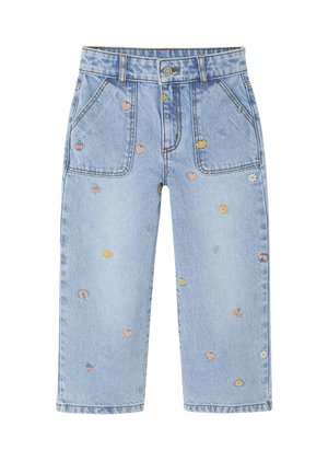 Hellblaue Denim-Jeans mit hoher Taille, die farbenfrohe gestickte Verzierungen wie Herzen, Blumen und Smileys aufweisen.