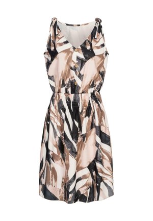 Bloemmotief jurk in tinten roze, wit en zwart. Heeft een V-hals, knoopsluiting, elastische taille en spaghettibandjes.