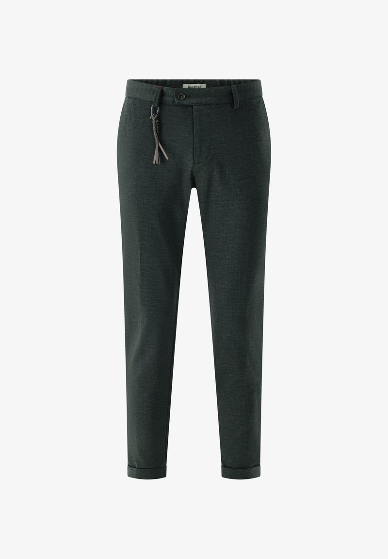 Dark green straight-leg trousers with a textured fabric, belt loops, and a braided tassel detail at the front, finished with a cuffed hem.