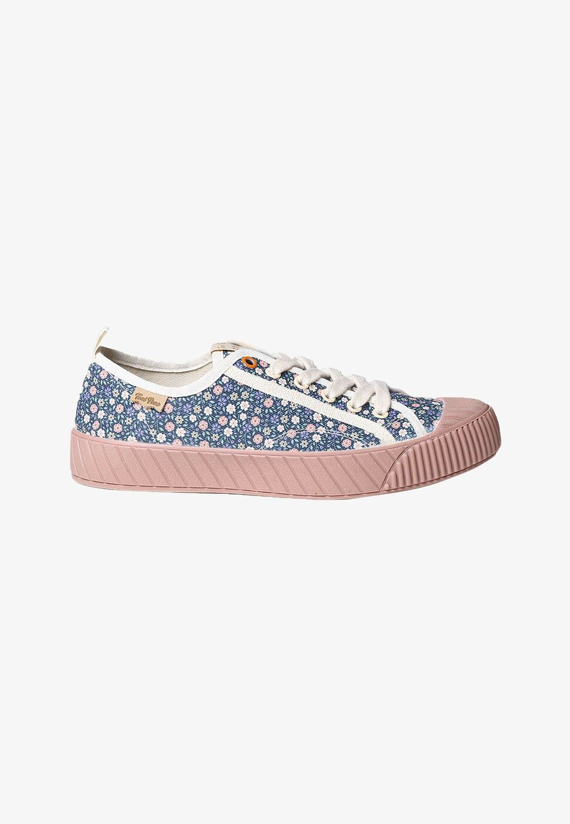 Blumenmuster-Sneaker in Blau und Pink, mit einer strukturierten Gummisohle, Schnürung vorne und kontrastierenden cremefarbenen Akzenten.