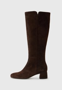 Brown suede knee-high boots with a rounded toe and a low block heel. Features a smooth texture and minimalistic design without embellishments.