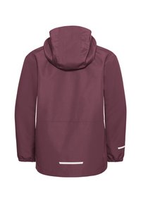 Maroon waterproof jacket with hood, long sleeves, elastic cuffs, and white reflective strips on the back and sleeve.