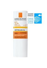 Anthelios XL Stick by La Roche-Posay; white cylindrical container with orange and yellow accents; SPF 50+; water-resistant, fragrance-free.