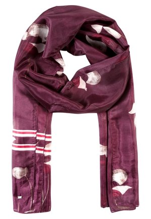 Écharpe en soie violet profond avec motifs floraux blancs et deux séries de rayures horizontales blanches et rouges près de l'une des extrémités.