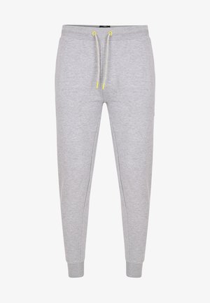 Pantalons de survêtement gris en tissu doux, avec des poignets élastiques et une taille à cordon de serrage avec des accents jaunes. Design simple et à jambes droites.
