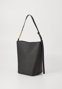 Black bucket bag made of textured synthetic material, featuring a slim handle with gold-tone hardware accents and an open top design.