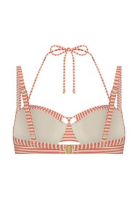 Pruhovaný bikiny top v růžové a krémové barvě, s nastavitelnými ramínky, středovým výřezem a zlatými prvky pro zapínání.