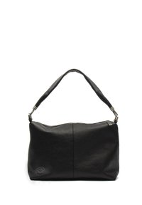 Czarna skórzana torba na ramię o teksturowanym wykończeniu, z zamknięciem na zamek błyskawiczny i jedną regulowaną rączką. Widoczne gładkie akcenty metalowe.