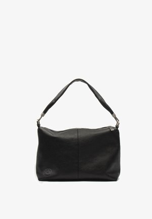 Schwarze Leder-Umhängetasche mit strukturiertem Finish, ausgestattet mit einem Reißverschluss und einem einzelnen verstellbaren Trageriemen. Glatte Hardware-Details sind sichtbar.