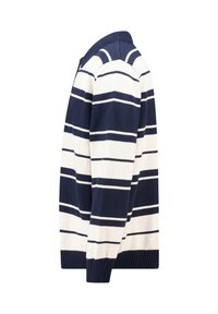 Marineblauwe en witte gestreepte trui met een ronde halslijn, ribgebreide manchetten en zoom, gemaakt van gebreide stof. Heeft gelijkmatige horizontale strepen.