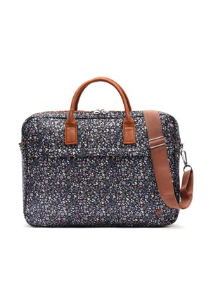 Laptop bag with floral fabric pattern in navy, complemented by brown faux leather handles and adjustable shoulder strap. Features zipped closure.
