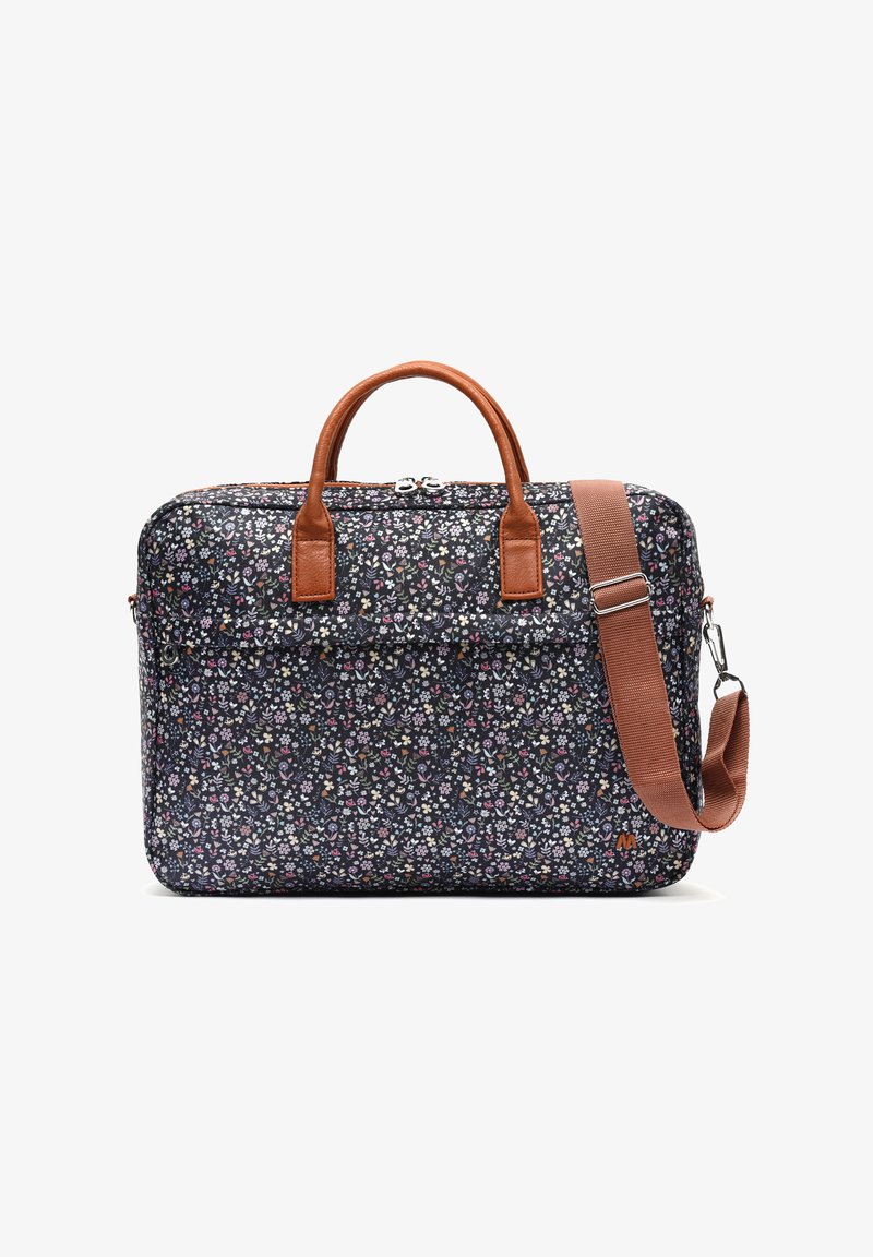 Laptop taske med blomstret stofmønster i marineblå, suppleret af brune kunstlæderhåndtag og justerbar skulderrem. Har lynlåslukning.