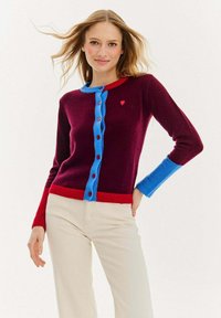 Sweter z dzianiny z bordowym korpusem, niebieską listwą guzikową i czerwonym ściągaczem. Mały motyw serca na klatce piersiowej. Długie rękawy z niebieskimi mankietami.