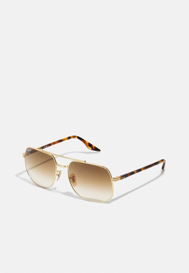 Ochelari de soare din metal auriu, cu lentile de forma pătrată, lentile degradate de culoare marron și brațe cu model de țestoasă.