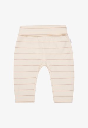 Lyse beige tights med lyserøde vandrette striber. Blødt, strækbart stof med elastisk talje og rundede knæsyninger.