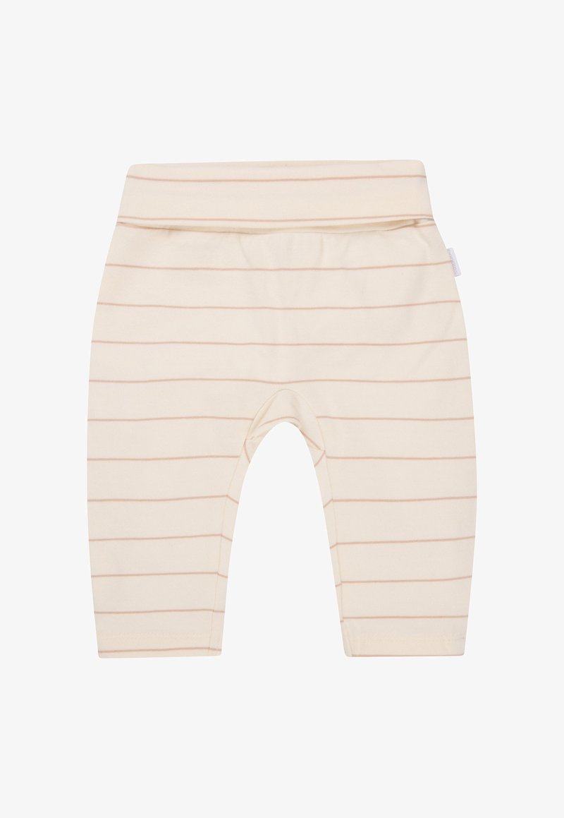 Jasno beżowe legginsy z jasno różowymi poziomymi paskami. Miękki, elastyczny materiał z elastycznym paskiem w talii i zaokrąglonymi szwami na kolanach.