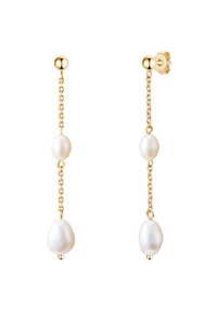 Zelta ķēdes auskari ar trim baltām pērļu formām – apaļ�ām un asaras formas, ar gludu virsmu un elegantu dizainu.