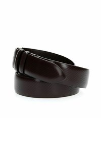 Cintura in pelle marrone scuro con una finitura liscia e texture a righe diagonali. Presenta una fibbia argentata e un'estremità affusolata. Taglia regolabile.