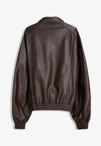 Brown leather jacket with a textured finish, collared design, and elasticized cuffs and hem, featuring a relaxed silhouette and smooth lining.