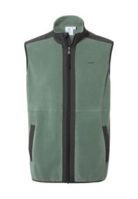 Green fleece vest with black accents, full zipper, high collar, two side pockets, and a logo on the chest. Soft texture and casual design.