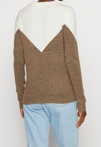 Sweter w blokach kolorów brązowego i kremowego z wzorem w kształcie litery V na plecach. Wykonany z miękkiego, teksturowanego materiału, z długimi rękawami.