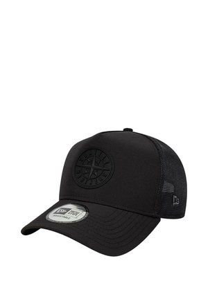 Gorra negra ajustable con parte trasera de malla que muestra un logo en relieve de los Seattle Mariners en el panel frontal y una pegatina de New Era en la visera curva.