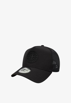 Cappellino nero regolabile con retro in rete che presenta un logo in rilievo dei Seattle Mariners sul pannello frontale e un adesivo New Era sulla visiera curva.