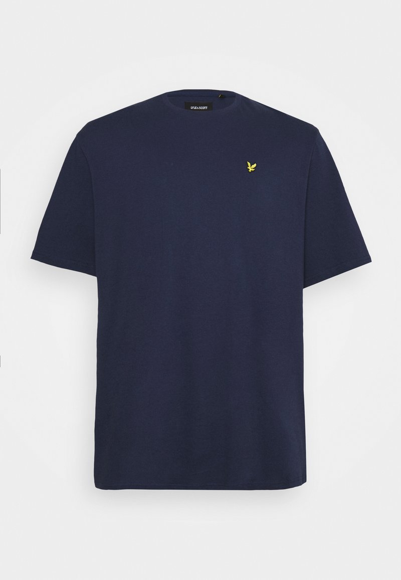 Tricou din bumbac de culoare bleumarin, cu mâneci scurte, gât rotund și un mic accent cu logo galben pe piept. Textură netedă, design casual.
