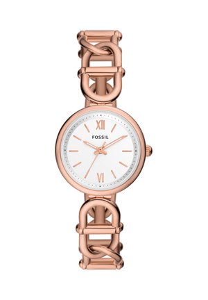Orologio da polso Fossil in oro rosa con quadrante bianco, numeri romani a ore 12 e 6 e bracciale a catena collegata.