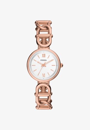 Montre-bracelet Fossil en or rose avec un cadran blanc, chiffres romains à 12 et 6 heures, et un bracelet chaîne.