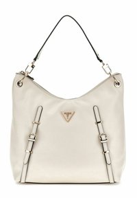 Borsa hobo realizzata in pelle beige strutturata, con un tracolla nera, un dettaglio in fibbia laterale e una placca con logo triangolare.