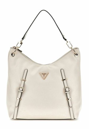 Borsa hobo realizzata in pelle beige strutturata, con un tracolla nera, un dettaglio in fibbia laterale e una placca con logo triangolare.