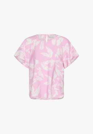 Kortermet rosa bluse med hvitt blomstermønster med blader, rund halslinning og knappelukking bak.