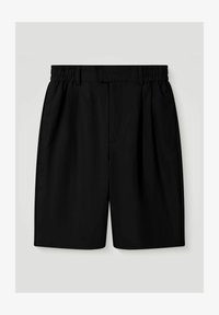 Pantalones cortos con cintura elástica negra, bolsillos laterales y trabillas para cinturón, mostrados planos sobre un fondo claro.