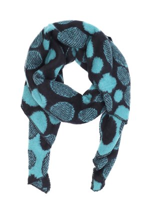 Sciarpa blu e nera con motivo a pois, realizzata in materiale morbido, con bordi sfilacciati e texture variabili nei pois.