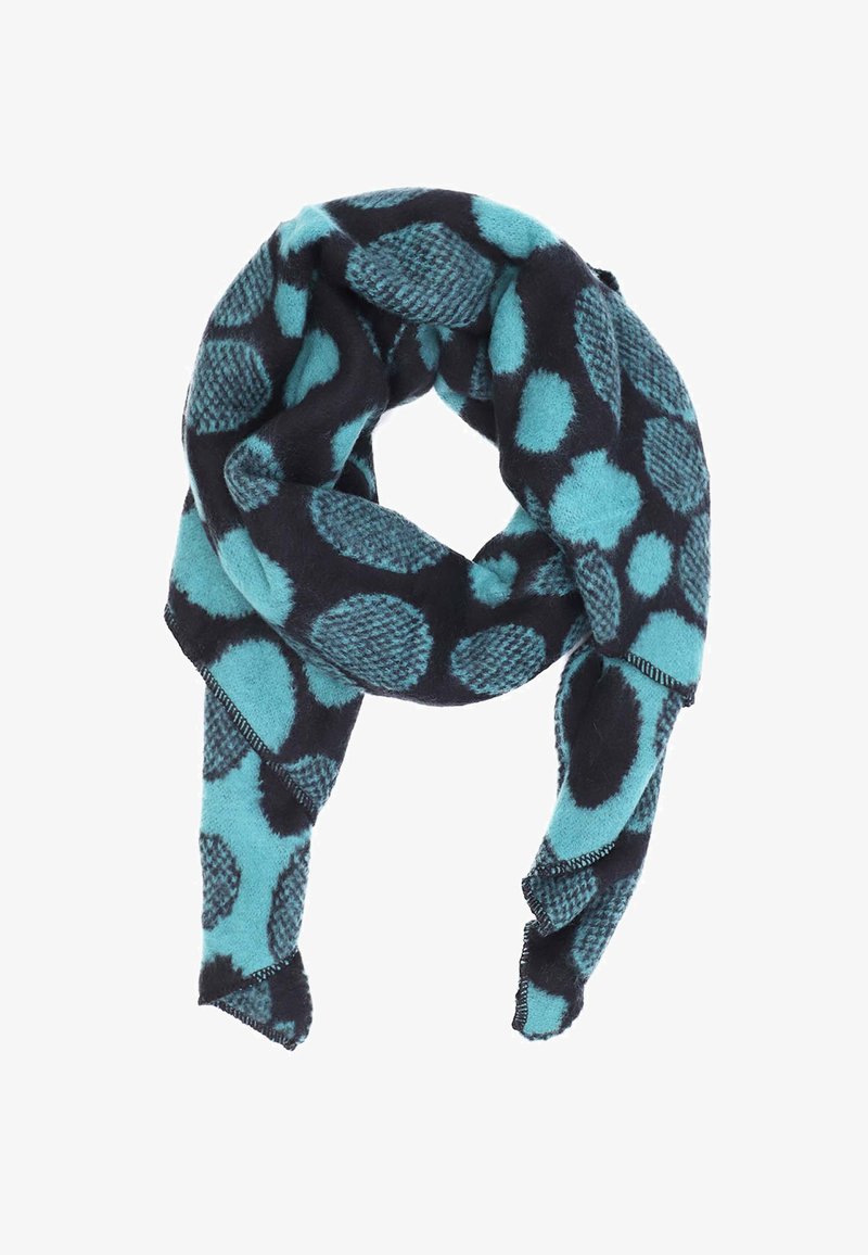 Sciarpa blu e nera con motivo a pois, realizzata in materiale morbido, con bordi sfilacciati e texture variabili nei pois.